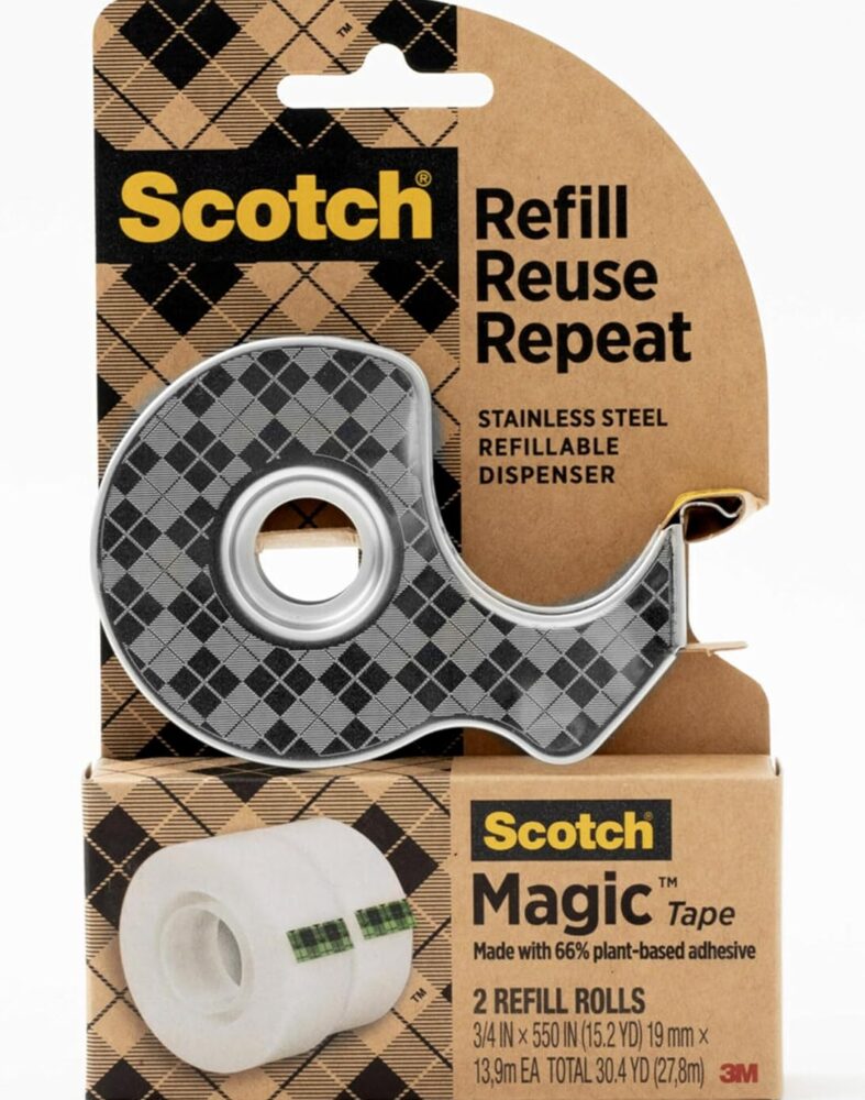 Scotch Stainless Steel Refillable Dispenser and 2 Rolls of Scotch Magic Tape with 66% Plant Based Adhesive, 0.75 in. x 550 in, Invisible Tape, Office Supplies and School Supplies