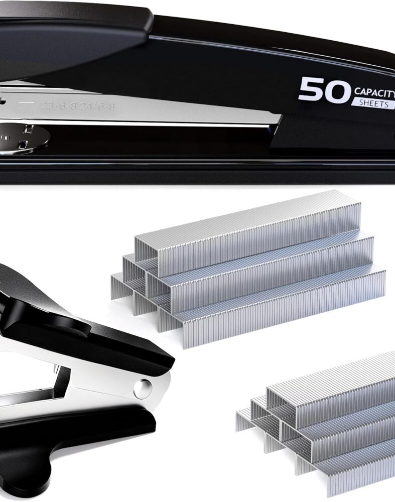 Metal Stapler Heavy Duty - 50 Sheet Capacity with 2000 Pieces 1/4", 5/16" Staples and Staple Remover, No Jam, Non-Slip, Stapler Heavy Duty for Desk, Classroom and Office, Black
