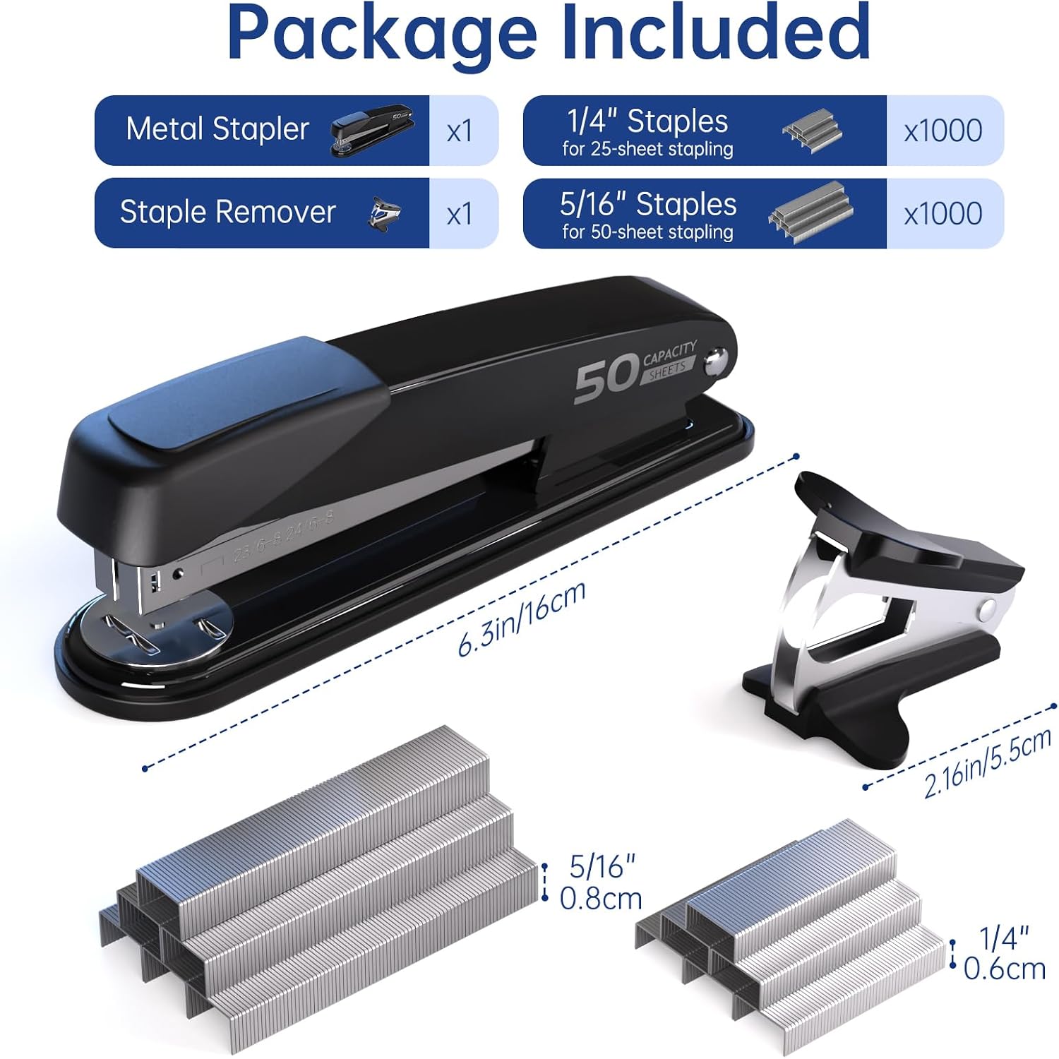 Metal Stapler Heavy Duty - 50 Sheet Capacity with 2000 Pieces 1/4", 5/16" Staples and Staple Remover, No Jam, Non-Slip, Stapler Heavy Duty for Desk, Classroom and Office, Black - Image 2