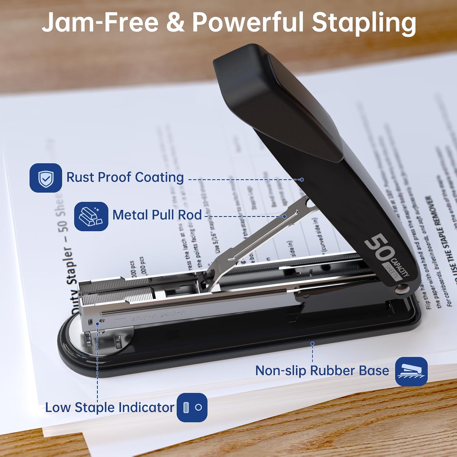 Metal Stapler Heavy Duty - 50 Sheet Capacity with 2000 Pieces 1/4", 5/16" Staples and Staple Remover, No Jam, Non-Slip, Stapler Heavy Duty for Desk, Classroom and Office, Black - Image 3