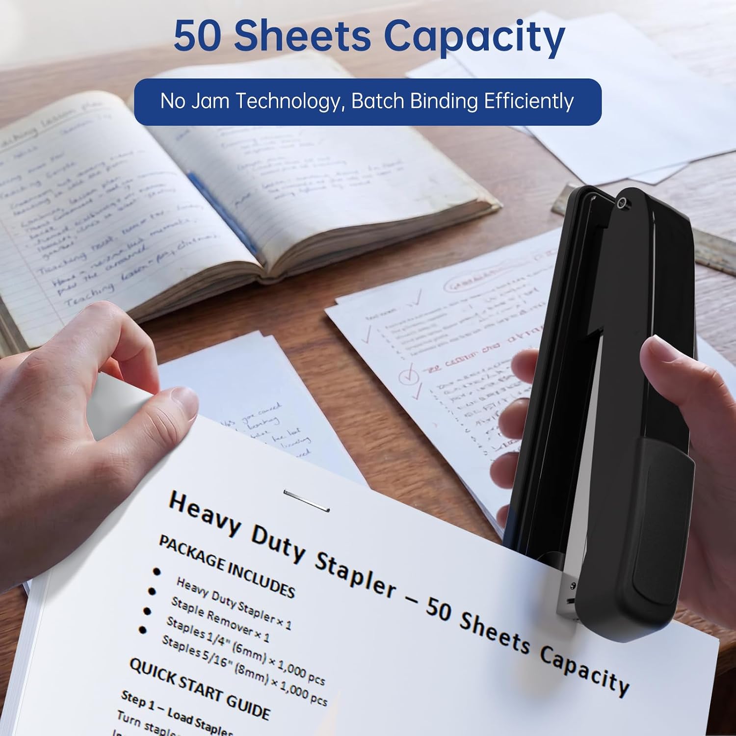 Metal Stapler Heavy Duty - 50 Sheet Capacity with 2000 Pieces 1/4", 5/16" Staples and Staple Remover, No Jam, Non-Slip, Stapler Heavy Duty for Desk, Classroom and Office, Black - Image 4