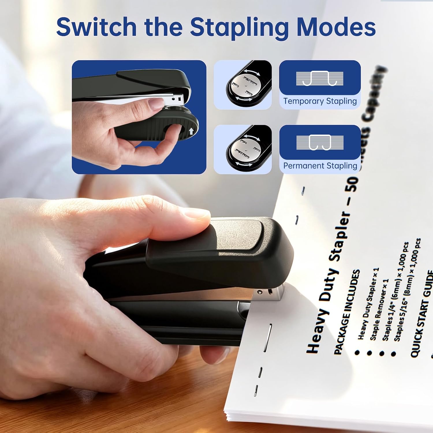 Metal Stapler Heavy Duty - 50 Sheet Capacity with 2000 Pieces 1/4", 5/16" Staples and Staple Remover, No Jam, Non-Slip, Stapler Heavy Duty for Desk, Classroom and Office, Black - Image 5