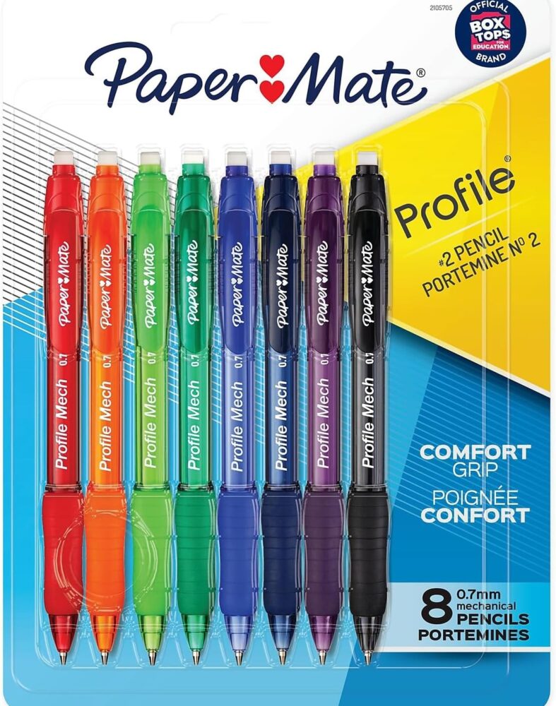 Paper Mate Profile Mech Mechanical Pencils, 0.7mm #2 Pencil Lead, Comfort Grip, Assorted Barrel Colors, 8 Count - Office Supplies