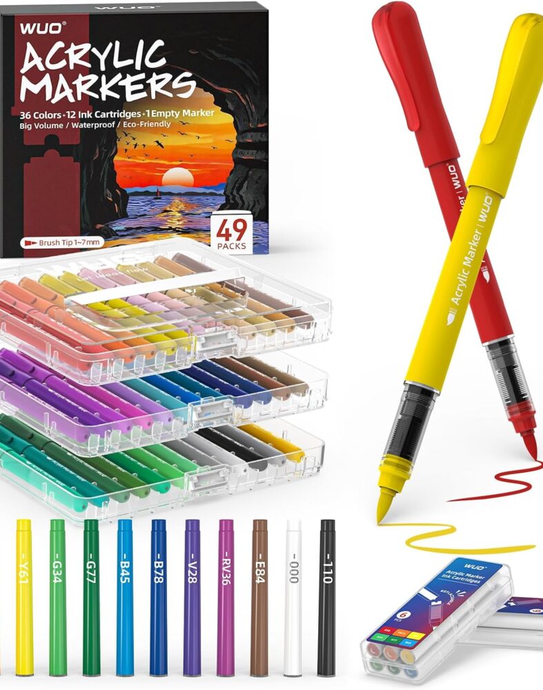 WUO 36 Colors Acrylic Paint Markers Brush Tip, Automatic Ink Control | Water-based acrylic markers and paint pens for rock painting, wood, canvas, glass, ceramic, fabric and DIY crafts