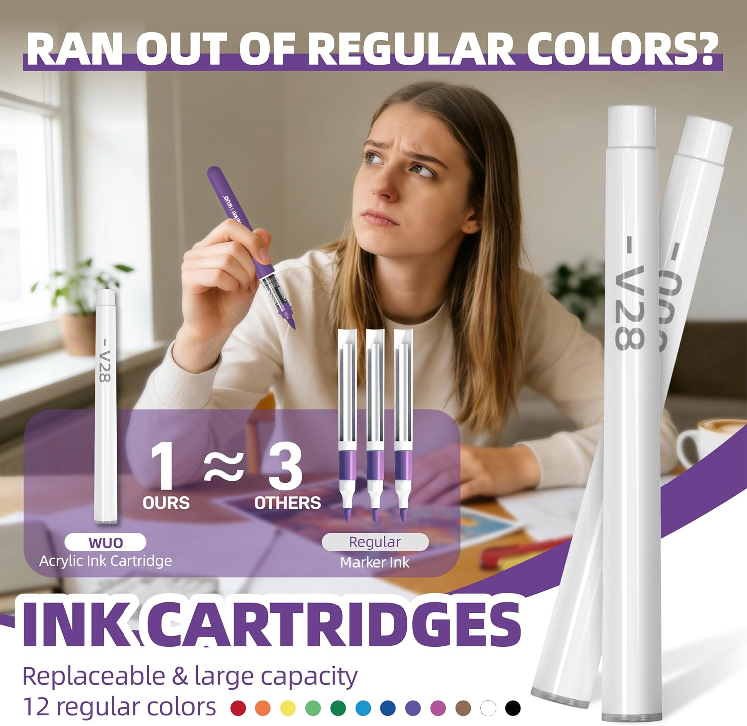 WUO 36 Colors Acrylic Paint Markers Brush Tip, Automatic Ink Control | Water-based acrylic markers and paint pens for rock painting, wood, canvas, glass, ceramic, fabric and DIY crafts - Image 7