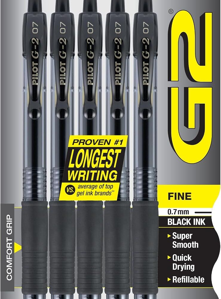 PILOT G2 Premium Gel Pens, Fine Point 0.7mm, Black Ink, 5-Pack | G2 pilot pens, refillable and retractable ball, gel pens for journaling, writing pens, quick-drying ink, contoured grip